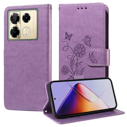 Purple leather phone case with embossed butterfly and flower design, flip cover