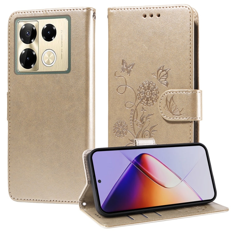 Beige leather phone case with embossed butterfly and flower design, flip cover