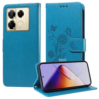 Blue leather phone case with embossed butterfly and flower design, flip cover