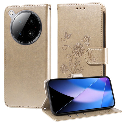 Gold/beige embossed butterfly-flower leather folio phone case with side camera cutout