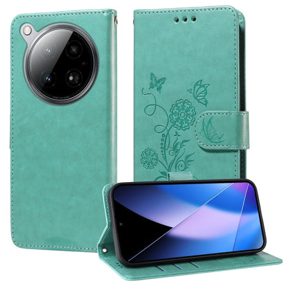 Green embossed butterfly-flower leather folio phone case with side camera cutout