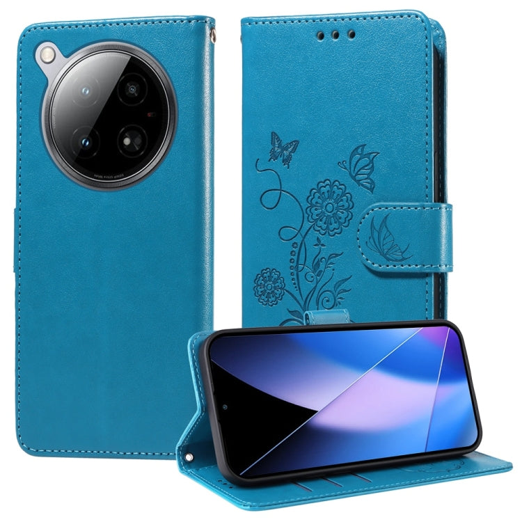 Blue embossed butterfly-flower leather folio phone case with side camera cutout