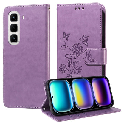 Lilac purple embossed butterfly and flowers leather phone case with folio wallet flap.