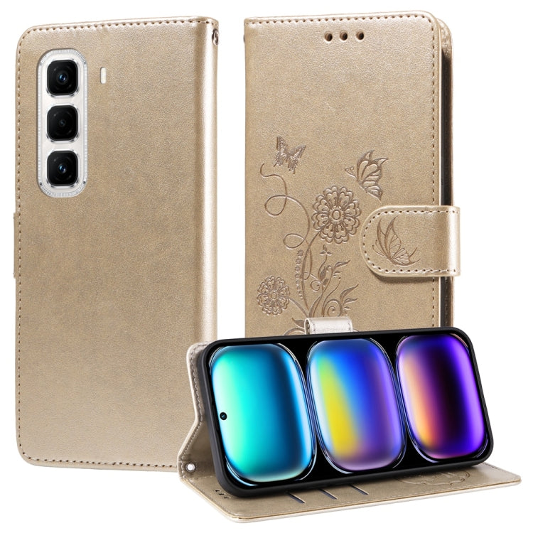 Champagne beige embossed butterfly and flowers leather phone case with folio wallet flap.