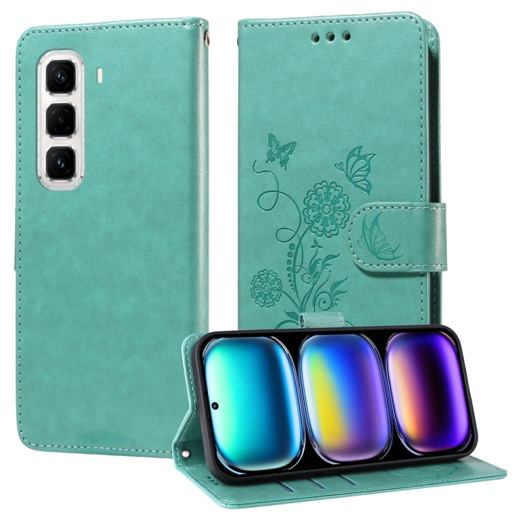 Turquoise embossed butterfly and flowers leather phone case with folio wallet flap.