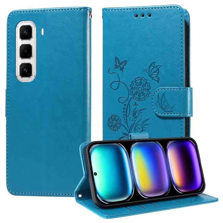 Bright blue embossed butterfly and flowers leather phone case with folio wallet flap.