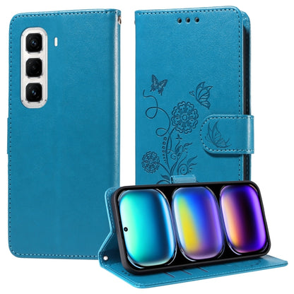 Bright blue embossed butterfly and flowers leather phone case with folio wallet flap.