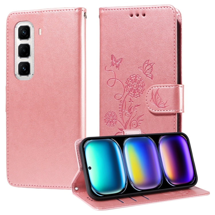 Leather folio phone case with embossed butterfly and floral design, pink, side strap