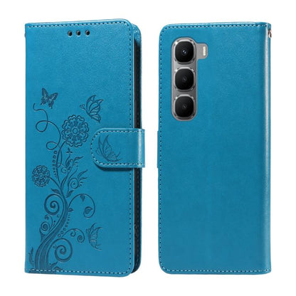 Blue leather folio phone case with embossed butterfly and floral design, front flap