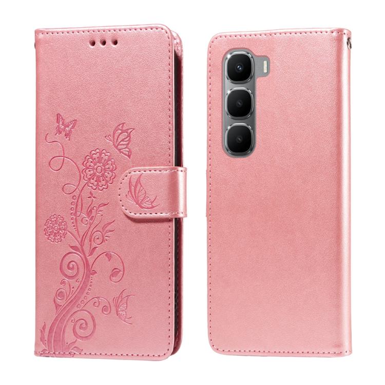 Rose pink leather folio phone case with embossed butterfly and floral design, front flap