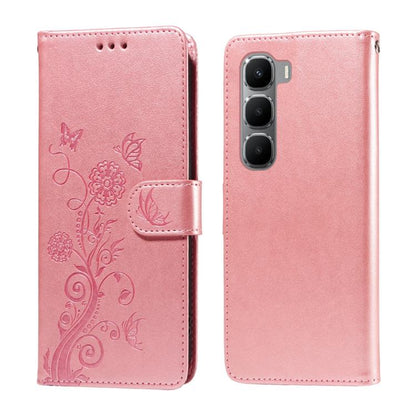 Rose pink leather folio phone case with embossed butterfly and floral design, front flap
