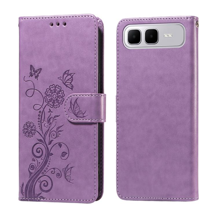Purple leather wallet phone case with embossed butterfly and floral pattern, side strap