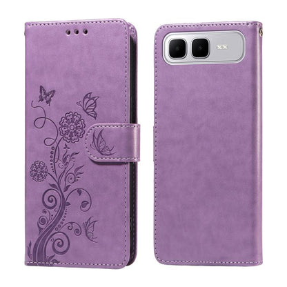 Purple leather wallet phone case with embossed butterfly and floral pattern, side strap