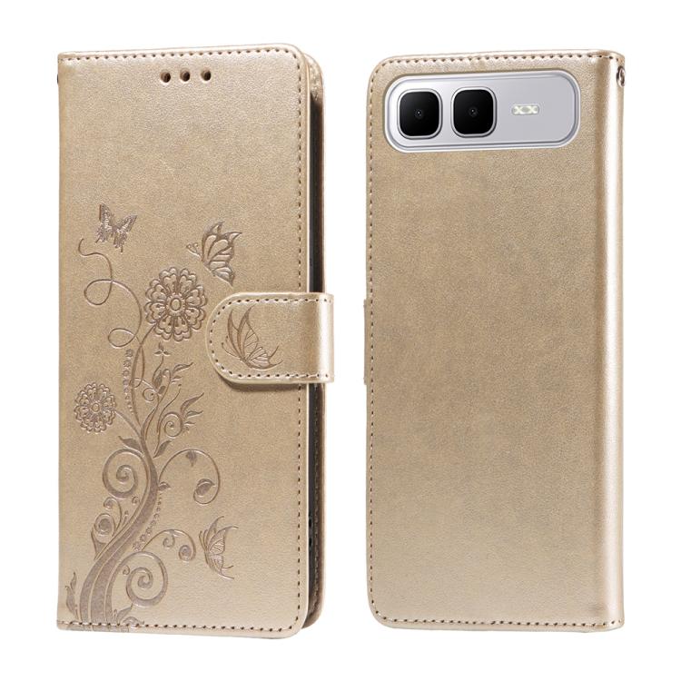 Beige leather wallet phone case with embossed butterfly and floral pattern, side strap