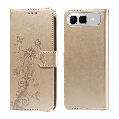 Beige leather wallet phone case with embossed butterfly and floral pattern, side strap