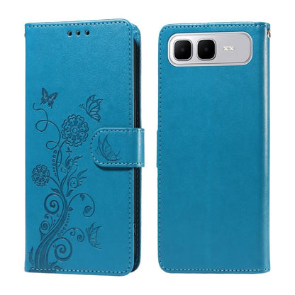 Blue leather wallet phone case with embossed butterfly and floral pattern, side strap