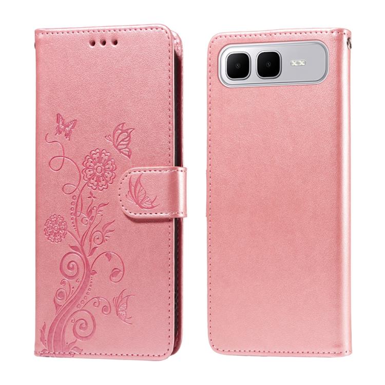 Pink embossed butterfly and flowers leather phone case with folio wallet flap.