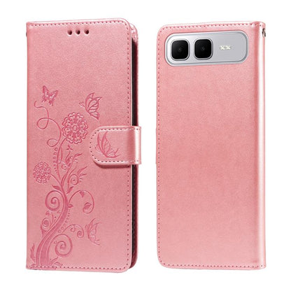 Pink embossed butterfly and flowers leather phone case with folio wallet flap.