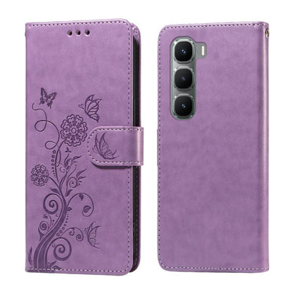 Purple leather wallet phone case with embossed butterfly and floral pattern, side strap