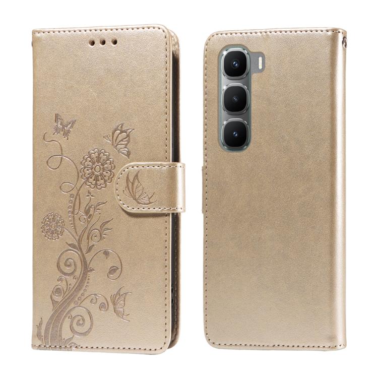 Beige leather wallet phone case with embossed butterfly and floral pattern, side strap