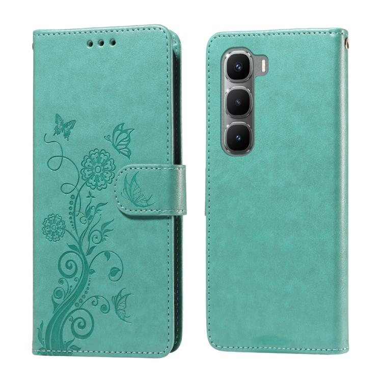 Teal leather wallet phone case with embossed butterfly and floral pattern, side strap