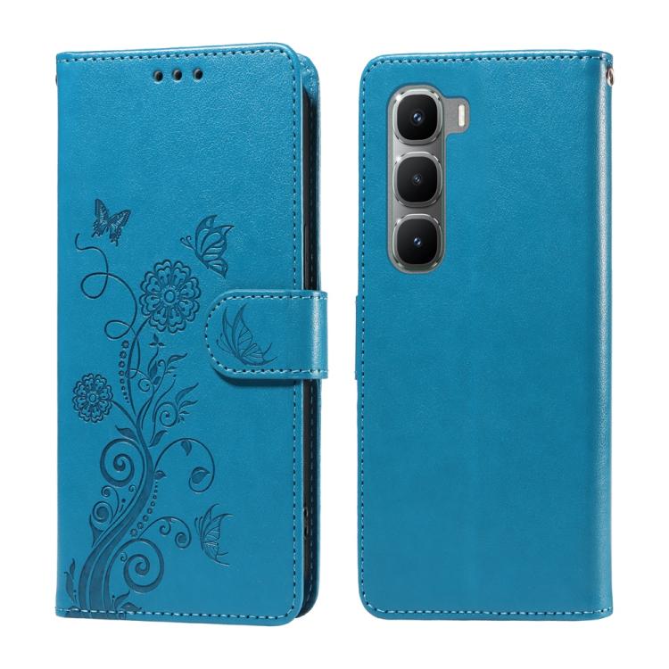 Blue leather wallet phone case with embossed butterfly and floral pattern, side strap