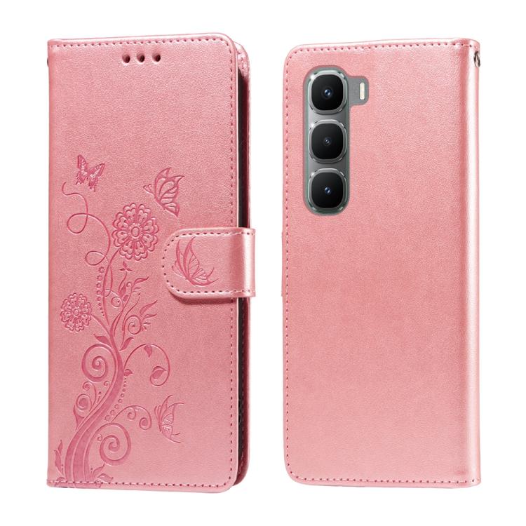 Rose pink leather wallet phone case with embossed butterfly and floral pattern, side strap
