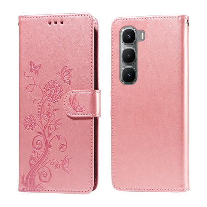 Rose pink leather wallet phone case with embossed butterfly and floral pattern, side strap