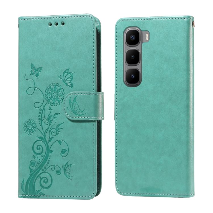 Teal leather folio phone case with embossed butterfly and floral design, front flap