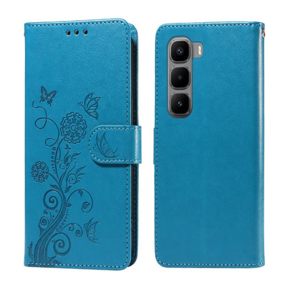 Blue leather folio phone case with embossed butterfly and floral design, front flap