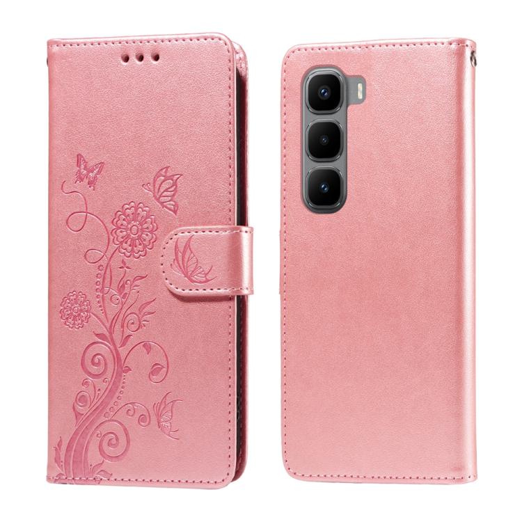 Rose pink leather wallet phone case with embossed butterfly and floral pattern, side strap