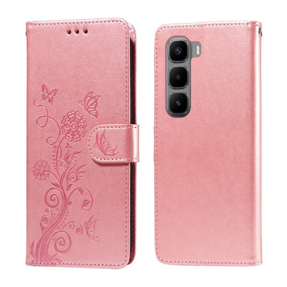 Rose pink leather wallet phone case with embossed butterfly and floral pattern, side strap