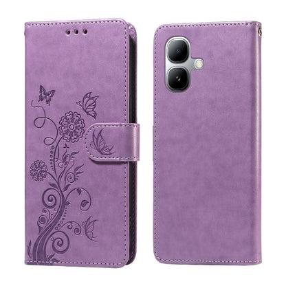 Purple leather phone case with embossed butterfly and floral vine, flip cover with strap cutout.