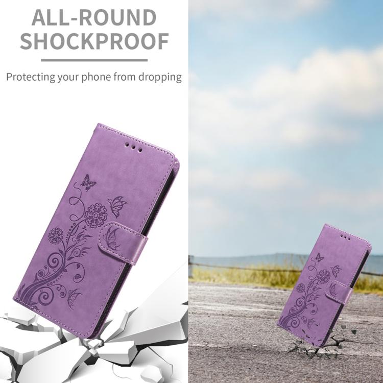 Purple leather flip phone case with embossed butterfly and floral vine; shockproof design.