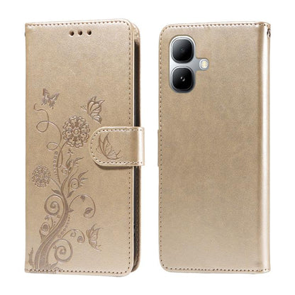 Beige leather phone case with embossed floral and butterfly vine; flip cover with side strap.