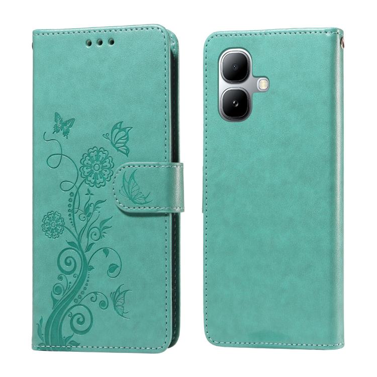 Green leather phone case with embossed butterfly and floral vine; flip cover with side strap.