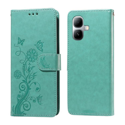 Green leather phone case with embossed butterfly and floral vine; flip cover with side strap.