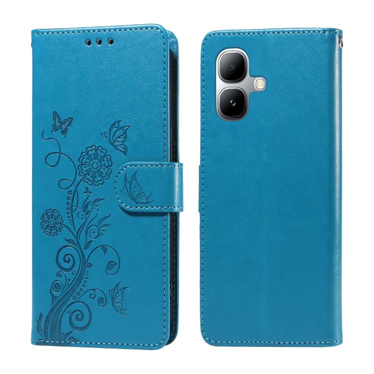 Blue leather phone case with embossed butterfly and floral vine; flip cover with side strap.