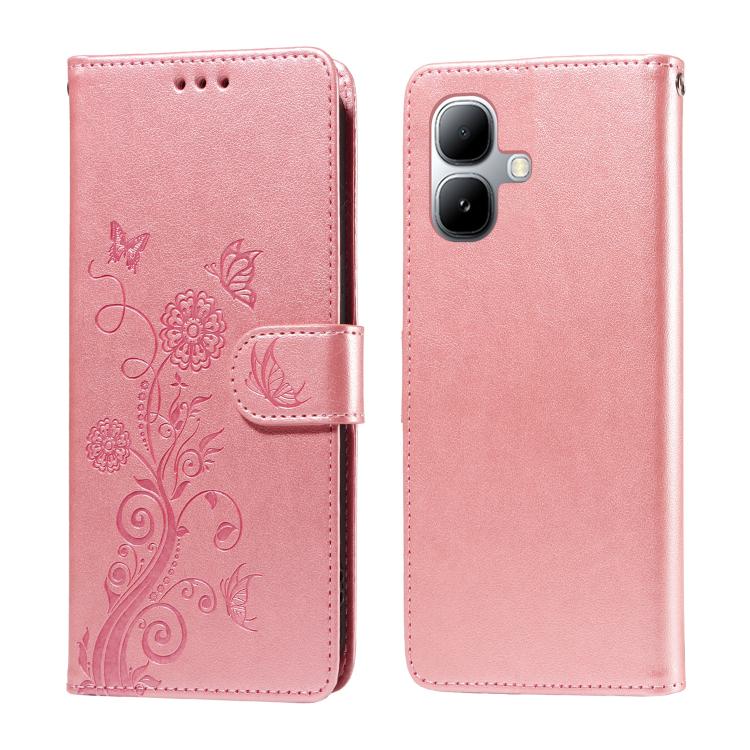 Rose pink leather folio phone case with embossed butterfly and floral design, front flap