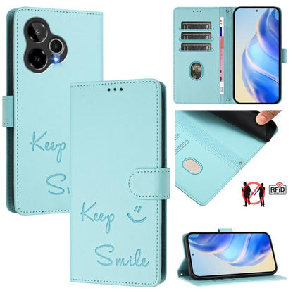 Mint blue folio phone case with RFID wallet, flip cover, 'Keep Smile' embossing