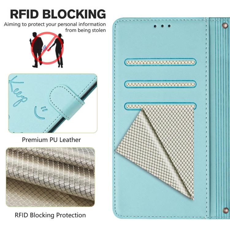 Light mint RFID phone case with card-blocking shield lining and flip wallet design