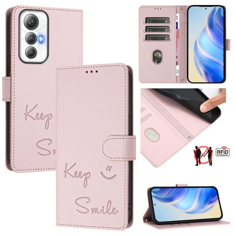 Pink RFID leather phone wallet case with embossed 'Smile' and 'Keep' foldover flap