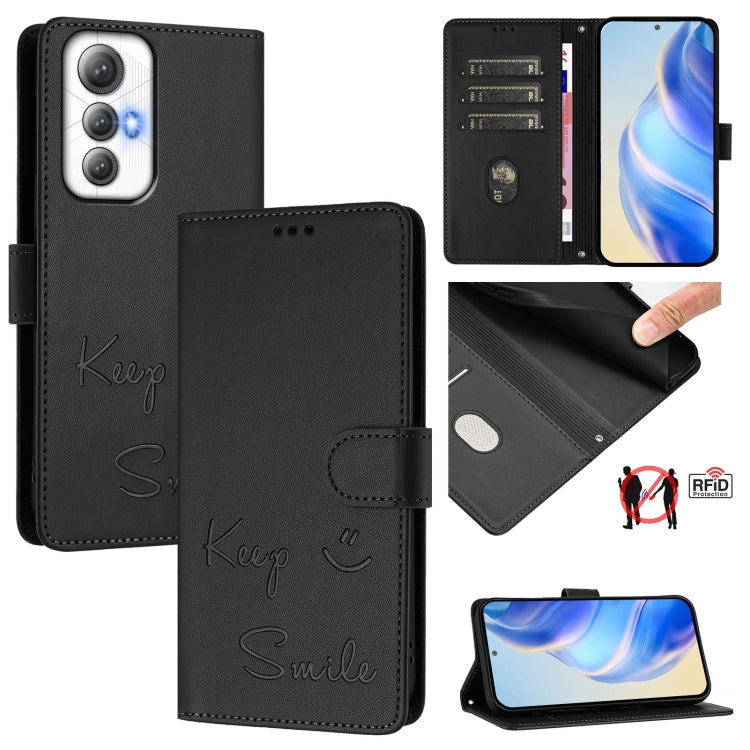 Black RFID leather phone wallet case with embossed 'Smile' and 'Keep' foldover flap