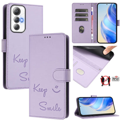 Light purple RFID leather phone wallet case with embossed 'Smile' and 'Keep' foldover flap