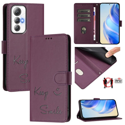 Burgundy RFID leather phone wallet case with embossed 'Smile' and 'Keep' foldover flap