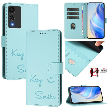 Light blue RFID leather phone wallet case with embossed 'Smile' and 'Keep' foldover flap