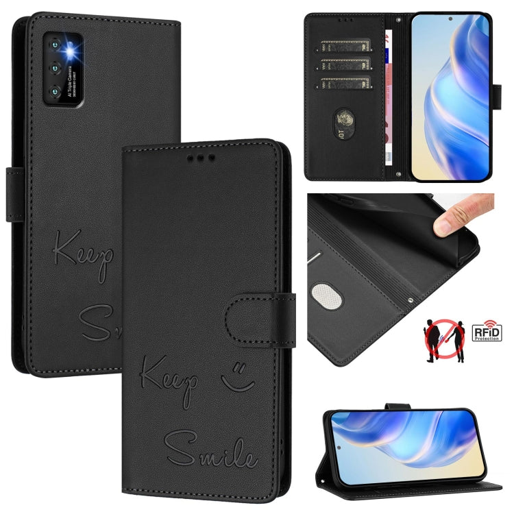 RFID leather wallet phone case in dark gray-black with “Keep Smile” script and card slots