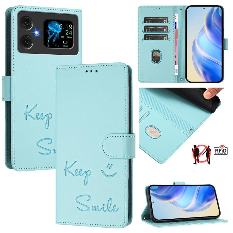 Light teal RFID leather folio phone case with “Keep Smile” embossing and magnetic flap
