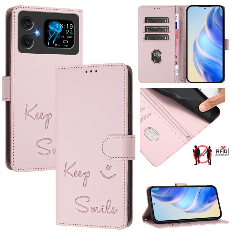 Pink RFID leather folio phone case with “Keep Smile” embossing and magnetic flap