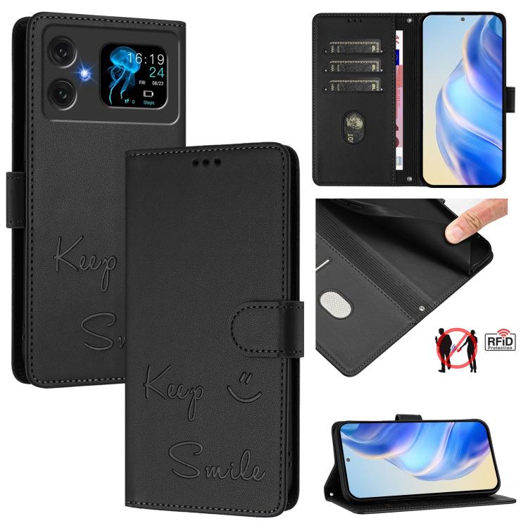 Black RFID leather folio phone case with “Keep Smile” embossing and magnetic flap
